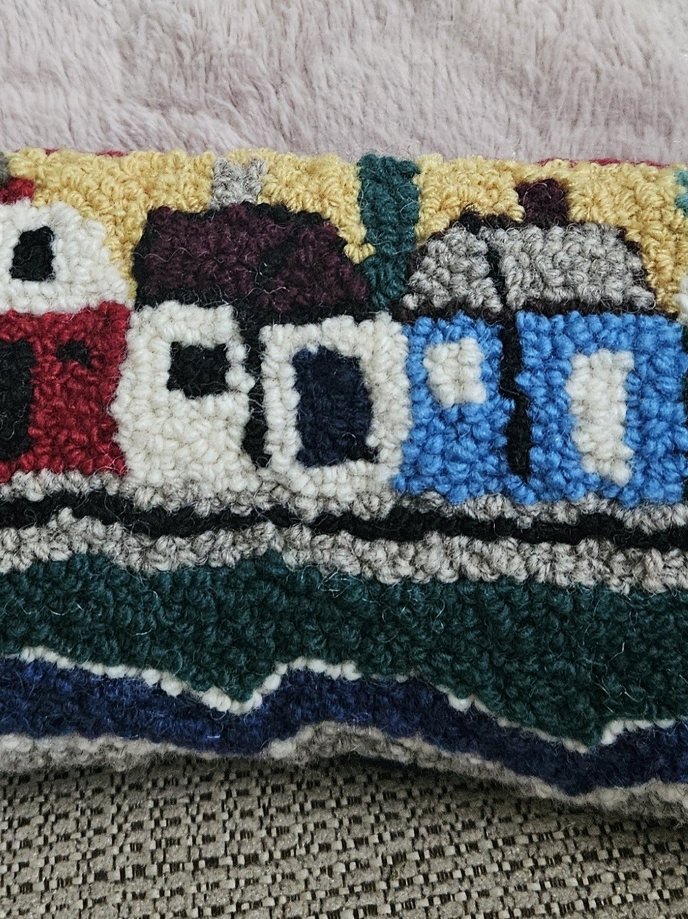Handhooked Wool Pillow with Colorful Cottage Motif for Coastal Grandma Decor